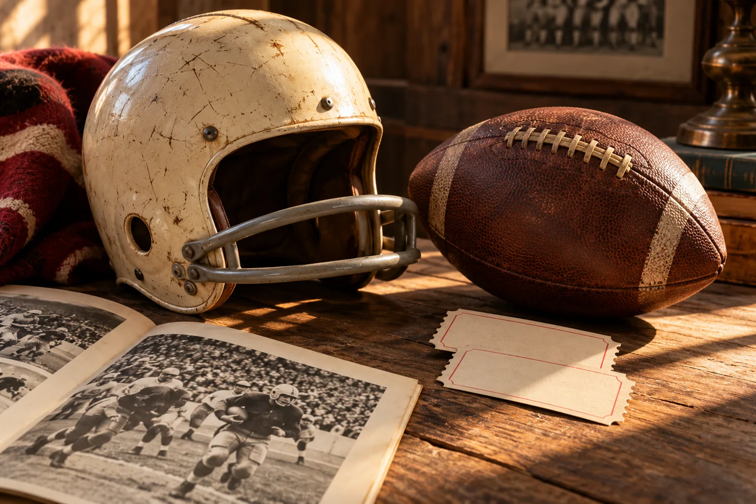 Illustrated sports notebook and vintage football memorabilia