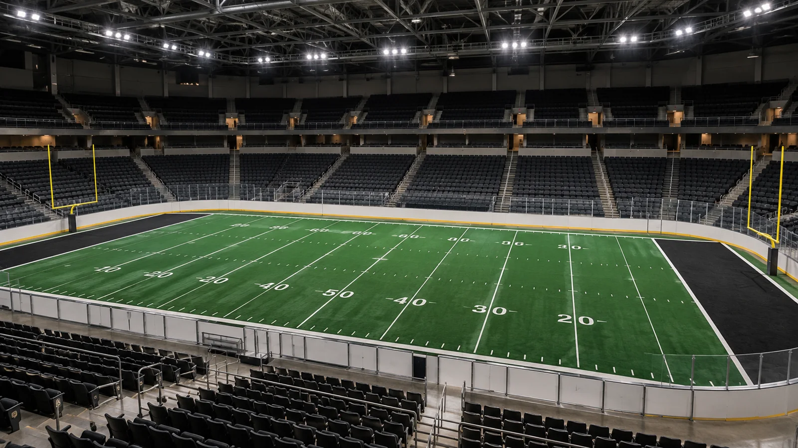 Conceptual interior view of an indoor football field