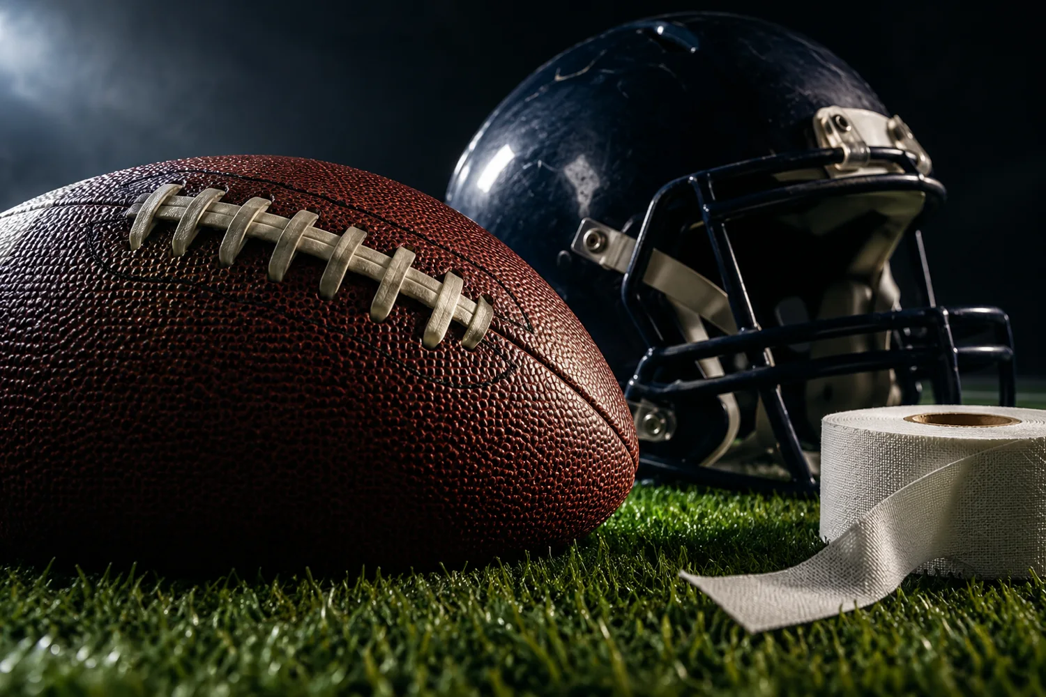 Conceptual still life of an American football helmet and ball